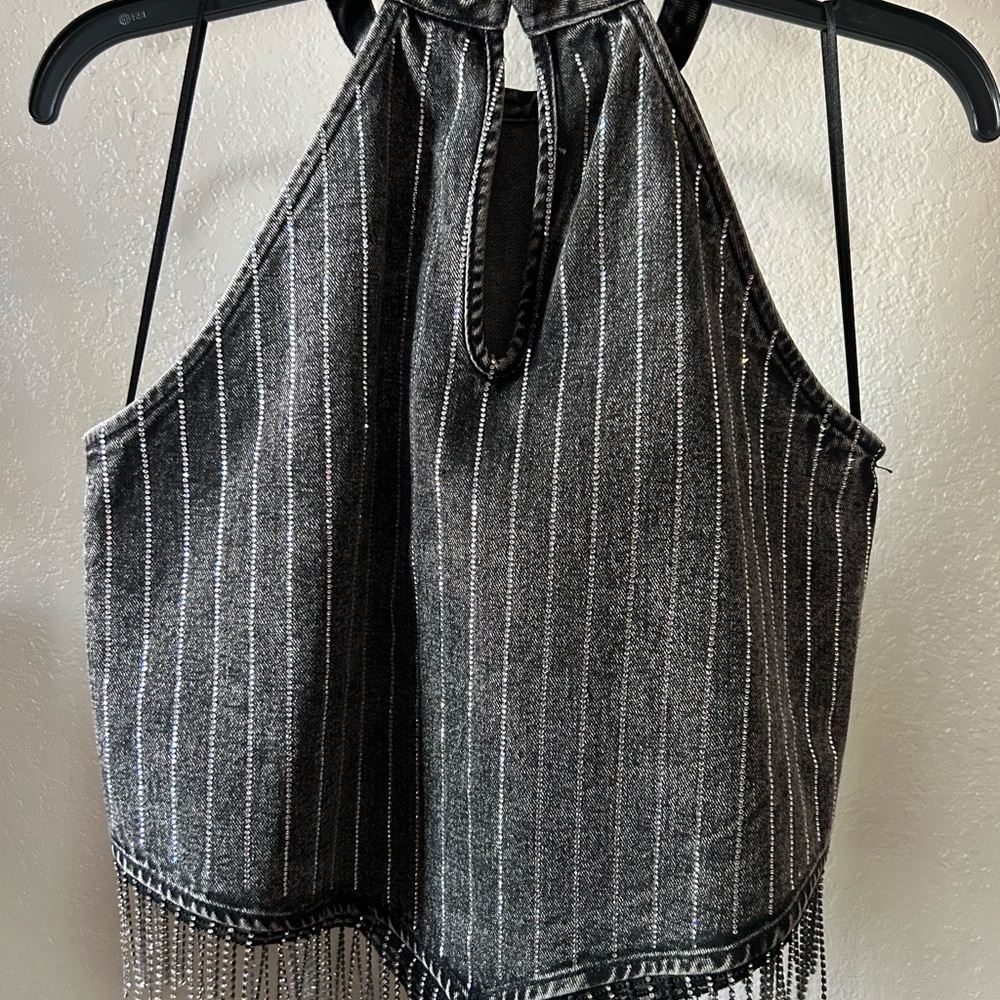 Rodeo Fave! Denim Rhinestone Fringe Halter Top